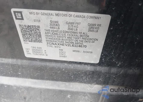 2020 Chevrolet Equinox Fwd Ls из США, поврежденный, VIN 2GNAXHEV2L6114670